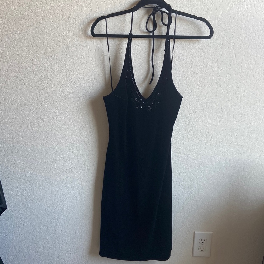 VINTAGE Y2K black halter tie velvet dress - Picture 3 of 12